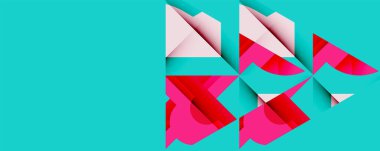 Soyut geometrik tasarım katmanlı kağıt şekilleri içerir. Pembe, kırmızı, beyaz elementler turkuaz arka plan. Modern, minimalist estetik dinamik görsel etki yaratır.