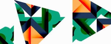 Soyut geometrik şekiller örtüşür, dinamik bileşim yaratır. Renkler arasında deniz mavisi, deniz mavisi ve turuncu var. Tasarım modern, cesur, görsel olarak ilginç hissettiriyor. Minimalist estetik sunuma hakim.