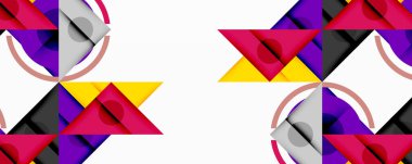 Soyut geometrik desen. Üçgenler, çemberler karmaşık tasarım yaratıyor. Renkler arasında mor, pembe, sarı, gri, beyaz arka planda siyah yer alıyor. Minimalist stil.