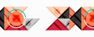 Soyut geometrik desenler üst üste binen üçgenler, daireler, kareler. Sıcak renkler baskın, turuncu, kırmızı, gri. Modern tasarım elementleri dinamik görsel bileşim oluşturur.