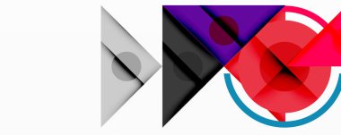 Üst üste binen üçgenler, daireler ve eğriler içeren soyut geometrik bileşim. Renkler arasında gri, mor, kırmızı, beyaz, cyan var. Dinamik şekilli minimalist tasarım.