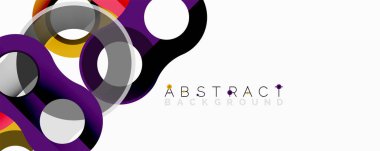 Soyut tasarım özellikleri üst üste binen daireler, canlı renkler. Mor, sarı, gri, siyah beyaz arka planda dinamik kompozisyon oluşturur. Modern estetik.