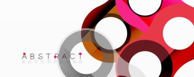 Soyut dizayn özellikleri üst üste binen daireler, değişik tonlarda kırmızı, pembe, gri. Minimalist kompozisyon modern görsel etki yaratır. Temiz çizgiler, basit şekiller hakim..