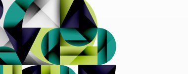 Soyut geometrik bileşim. Üst üste binen şekiller, dinamik görsel ilgi yaratır. Teal, kireç yeşili, donanma palete hakim. Minimalist tasarım, temiz çizgiler, modern estetik..