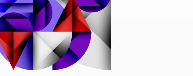 Soyut geometrik bileşim. Şekiller çakışıyor, dinamik görsel etki yaratıyor. Mor, kırmızı, beyaz, gri renkler tasarımda baskın. Modern estetik, temiz çizgiler sunar.