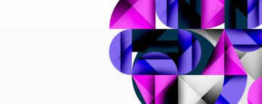 Soyut geometrik bileşim. Şekiller çakışıyor, dinamik görsel etki yaratıyor. Mor, mavi renkler tasarımda baskın. Minimalist tarz, temiz çizgiler, modern estetik..