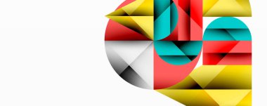 Geometrik soyutlama, parlak dikdörtgenler, kısmi daireler oluşturan üçgenler içerir. Kalın renkli, sarı, deniz mavisi, gri dinamik bileşim. Modern tasarım, temiz çizgiler görsel alana hakim..