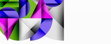 Soyut geometrik bileşim, üst üste binen canlı şekiller içerir. Mavi, yeşil, pembe renkler beyaz arka plana karşı dinamik bir görsel ilgi yaratıyor. Modern tasarım elementleri derinlik ve hareket.