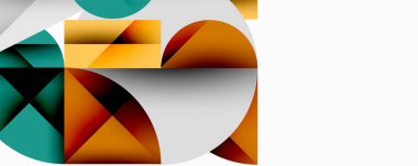 Soyut geometrik bileşim. Üst üste binen şekiller, dinamik görsel ilgi yaratır. Sıcak, serin renkler harmanlanır, modern tasarım elementleri oluşturulur. Minimalist estetik, temiz çizgiler mevcut.