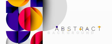 Modern geometrik tasarım canlı daireler, kareler, üst üste binen şekiller içerir. Kalın renkler, dinamik görsel efekt yaratan beyaz alanla tezat oluşturur. Minimalist stil.