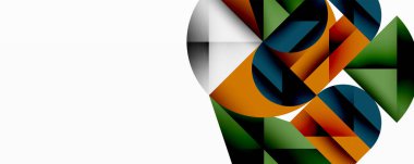 Soyut geometrik bileşim. Üst üste binen üçgenler dinamik şekiller yaratır, turuncu, yeşil, mavi, siyah, beyaz renkler kullanır. Negatif boşluklu minimalist tasarım.