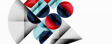 Soyut geometrik bileşim. Daireler, üçgenler üst üste binerek dinamik görsel efekt yaratır. Renkler arasında kırmızı, mavi, gri, cyan var. Minimalist tasarım, modern estetik.