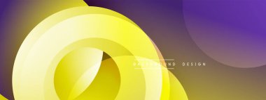 Soyut sarı, mor tasarım. Üst üste binen daireler dinamik bileşim yaratır. Gradyan gölgeler modern estetik sunuyor. Çeşitli projeler için minimalist arkaplan.