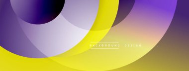 Üst üste binen daireler, gradyanlar içeren soyut kompozisyon. Mor, sarı renkler tasarımda baskın. Modern estetik, pürüzsüz geçişler dinamik görsel efektler yaratır. Minimalist stil.