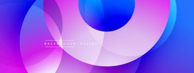 Üst üste binen daireler içeren soyut kompozisyon. Mor ve mavinin gradyan tonları dinamik görsel efekt yaratır. Arkaplan ve sunumlar için uygun modern tasarım.