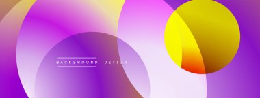 Soyut renkli arkaplan. Üst üste binen daireler dinamik görsel efekt yaratır. Mor, sarı, turuncu, modern tasarımın gradyan tonları. Yumuşak geçişler, canlı renkler.