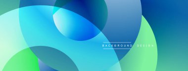 Üstüste binen şeffaf daireler içeren soyut bir kompozisyon. Renkler canlı mavilerden taze yeşilliklere geçerek dinamik görsel efekt yaratır. Modern tasarım ögesi.