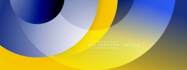 Üst üste binen daireler içeren soyut geometrik tasarım. Mavi, sarı, gri gradyanlar modern görsel doku oluşturur. Minimalist kompozisyon, arka plan için uygun.