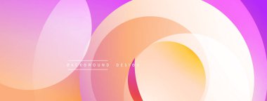 Soyut arkaplan özellikleri üst üste binen daireler, mordan turuncuya doğru değişen gradyanlar. Yumuşak, akışkan şekiller dinamik görsel efektler yaratır. Modern tasarım ögesi.
