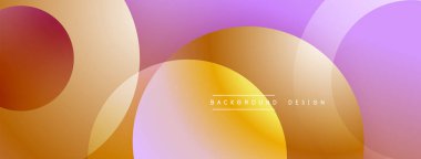 Soyut arkaplan özellikleri üst üste binen yuvarlak şekiller. Renkler turuncu, sarı, mor, bej. Gradyan etkiler formlar arasında yumuşak geçişler yaratır. Minimalist tasarım.