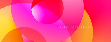 Soyut, enerjik bir arkaplan. Üst üste binen renkli çemberler dinamik bileşim oluşturur. Pembe, turuncu, sarı tonlarında modern estetik var. Düz geçişler, akışkan şekiller.