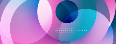 Üstüste binen şeffaf daireler içeren soyut bir kompozisyon. Renkler pembelerden, maviler morlara karışır ve dinamik görsel efekt yaratır. Arka planlar için uygun modern tasarım ögesi.