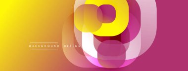 Soyut geometrik tasarım üst üste binen daireler, kareler, canlı gradyanlar içerir. Sarı, turuncu, pembe renkler dinamik görsel efekt yaratır. Modern arkaplan dokusu.