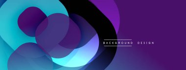 Soyut sıvı şekilleri üst üste binerek dinamik bileşim oluşturur. Mavi, mor renkler siyahla harmanlanarak modern arka plan tasarımını oluşturur. Gradyan geçişler derinlik ekler.