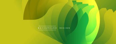 Soyut gradyan katmanlar dinamik görsel akış yaratır. Üst üste binen şekiller organik formları, canlı yeşillikleri ve sarıların kompozisyona hakim olduğunu gösteriyor. Modern tasarım ögesi.