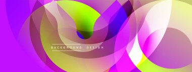 Soyut canlı tasarım, yarı saydam şekillerle örtüşen özellikler. Renkler harmanlanmış mor, sarı, yeşil dinamik görsel doku. Modern estetik, pürüzsüz eğimler kompozisyona hakim..