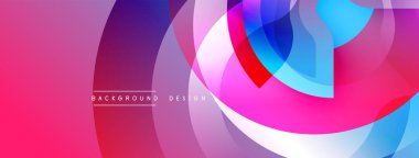 Soyut canlı katmanlar dinamik bileşim yaratır. Üst üste binen daireler, akışkan şekiller, gradyanlar modern estetik sunuyor. Pembe egemendir, mavi ve mor renklerin zıttıdır..