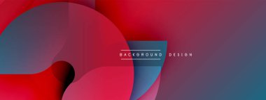 Soyut geometrik şekiller örtüşür, dinamik bileşim yaratır. Kırmızı, mavi gradyanlar dizaynın hakimi. Minimalist metin arka plan tasarımı okur. Modern estetik.