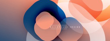 Soyut arkaplan özellikleri üst üste binen şeffaf çemberler. Sıcak renk paleti turuncu, mavi, şeftali tonları içerir. Modern tasarım akıcılığı ve derinliği çağrıştırıyor. Minimalist estetik uygun dijital projeler.