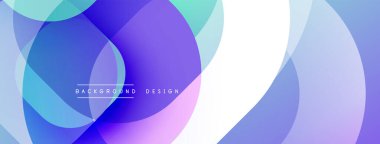 Soyut çemberler çakışıyor, canlı gradyanlar yaratıyor. Mavi, mor, turkuaz renkler tasarımda baskın. Minimalist estetik, modern his. Yumuşak geçişler, katmanlı şekiller dinamik bileşim sunar.