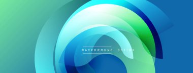 Soyut arkaplan özellikleri katmanlı dairesel şekiller. Renkler yeşilden maviye karışır ve dinamik görsel efekt yaratır. Dijital projeler için modern tasarım ögesi.