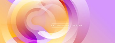 Soyut tasarım özellikleri üst üste binen şeffaf daireler. Renkler turuncu, mor ve pembeden dönüşerek yumuşak bir değişim yaratıyor. Dijital projeler için modern arkaplan.
