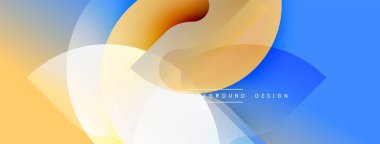 Soyut arkaplan özellikleri üst üste binen şeffaf şekiller. Renkler mavi, turuncu, sarı, beyaz. Modern tasarım akıcılığı, dinamizmi, yumuşak eğilimleri çağrıştırıyor. Minimalist estetik.