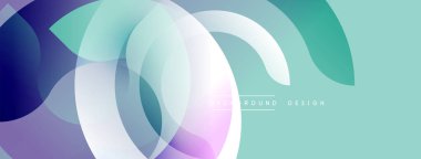 Soyut arkaplan özellikleri üst üste binen şeffaf çemberler. Renkler arasında mor, mavi, yeşil, beyaz gölgeler var. Modern tasarım akıcılığı ve sakinliği çağrıştırıyor. Minimalist estetik.