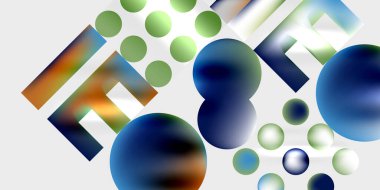 Renkli küreler, dikdörtgenler içeren soyut bir kompozisyon. Gradyan renkler modern görsel efekt yaratır. Minimalist tasarım.