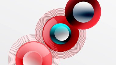 Soyut tasarım eşmerkezli daireler, canlı kırmızılar, turkuaz aksanlar içerir. Çizgiler dinamik görsel akış yaratır. Modern, temiz estetik.