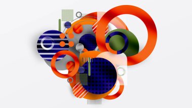 Üst üste binen daireler, kareler, çizgiler içeren soyut bir kompozisyon. Canlı turuncu, mavi, yeşil renkler tasarımda baskın. Modern, dinamik görsel öğeler.