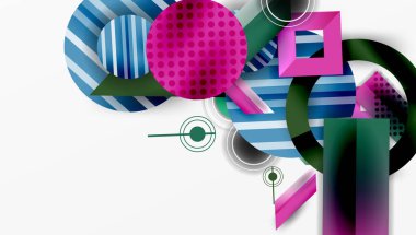 Soyut geometrik şekiller çakışıyor. Mavi, pembe, yeşil renkler kompozisyona hakim. Modern tasarım elementleri dinamik görsel efekt yaratır.