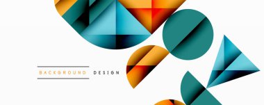 Soyut geometrik şekiller örtüşür, canlı modern tasarım yaratır. Renkler arasında mavi, turuncu, deniz mavisi, altın var. Minimalist kompozisyon.