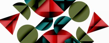 Soyut geometrik şekiller çakışıyor. Kırmızı, deniz mavisi, zeytin renkleri kompozisyona hakim. Minimalist tasarım, mevcut temiz çizgiler.