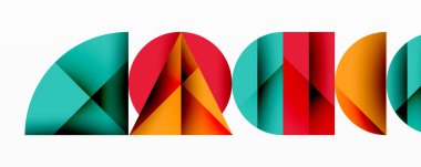 Soyut geometrik şekiller, renkli segmentler dinamik görsel desen oluşturur. Modern tasarım elemanları.