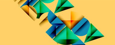 Soyut geometrik şekiller örtüşüyor, canlı renk eğimleri yaratıyor. Sarı arkaplan karşıtlık sağlar, modern tasarım estetik.