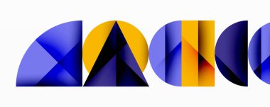 Soyut geometrik şekiller, canlı maviler, sarılar modern tasarım yaratır. Gradyan renkler derinlik ve görsel ilgi ekler.