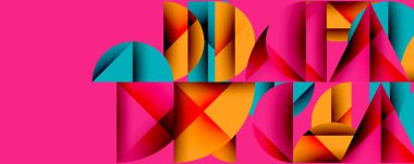 Soyut geometrik şekiller harfleri oluşturur, canlı renkler kompozisyona hakim olur. Pembe arka plan görsel etkiyi arttırır.