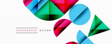 Soyut geometrik şekiller, canlı renkler, modern tasarım. Kompozisyonda üçgenler, daireler, gradyanlar var. Temiz, minimalist estetik.