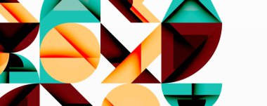 Soyut geometrik şekiller örtüşür, dinamik bileşim yaratır. Renkler arasında turuncu, deniz mavisi, kestane rengi, beyaz. Modern tasarım elemanları.